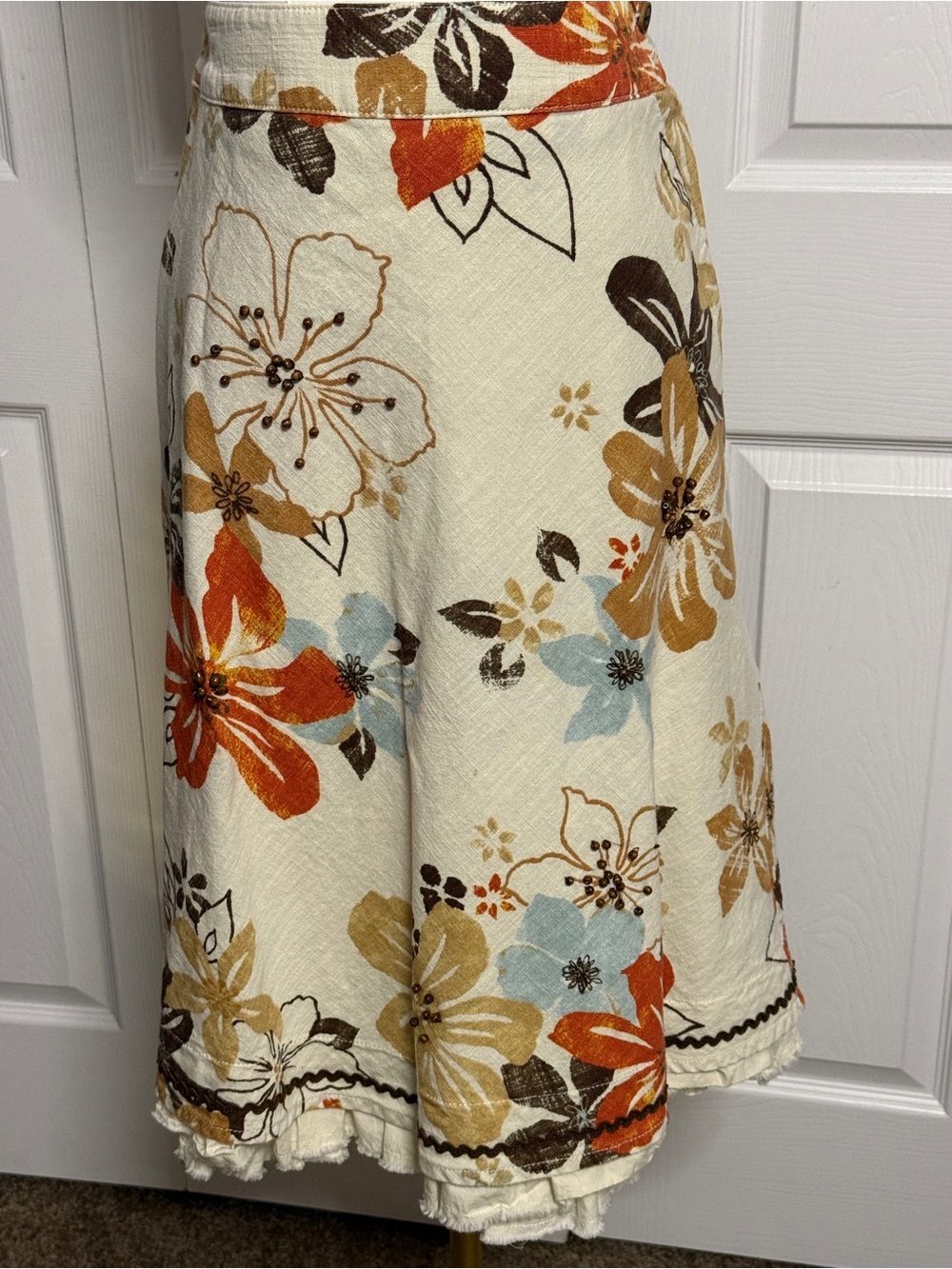 J. Jill Cream A-Line Skirt with Orange, Blue & Brown Floral Print
